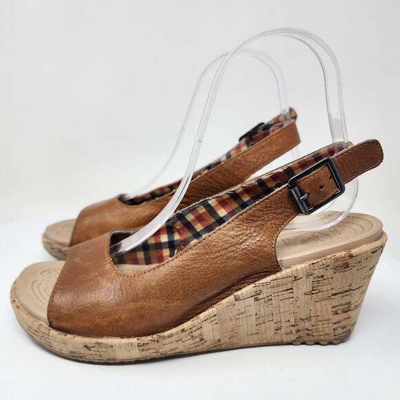 Crocs A-Leigh Slingback Wedge Sandals Women 7 Brown Leather Buckle Cork 11848 - Picture 5 of 11